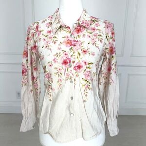CODE Women Oatmeal Pink Floral Linen Blend Button Down Shirt Size 10 Long Sleeve